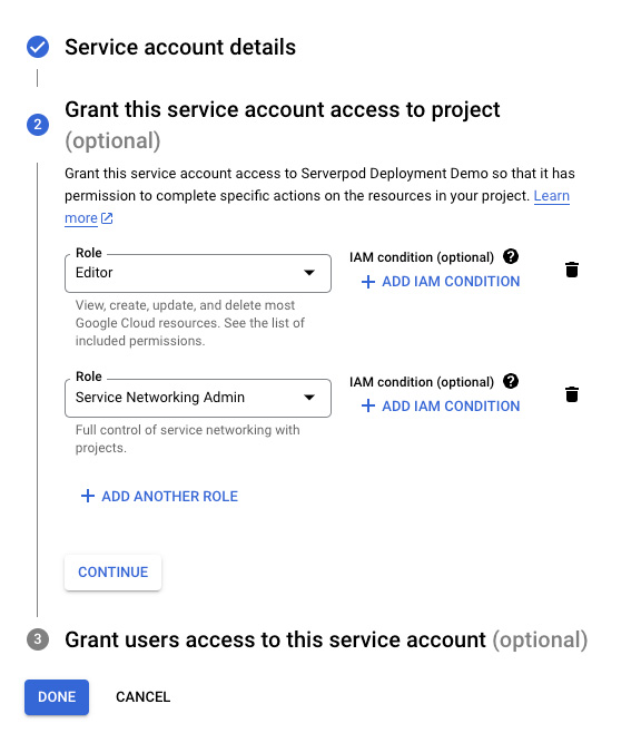 Assign roles to the service account