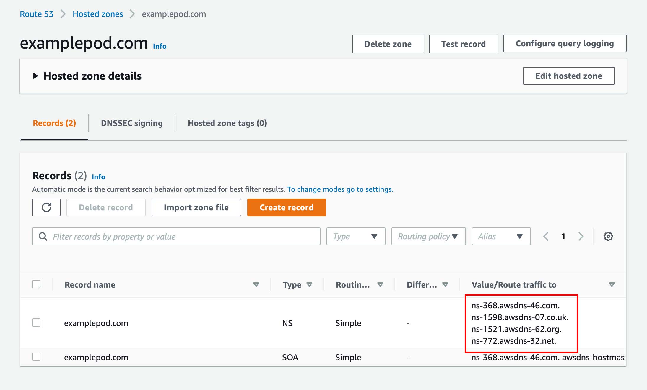 AWS hosted zone record