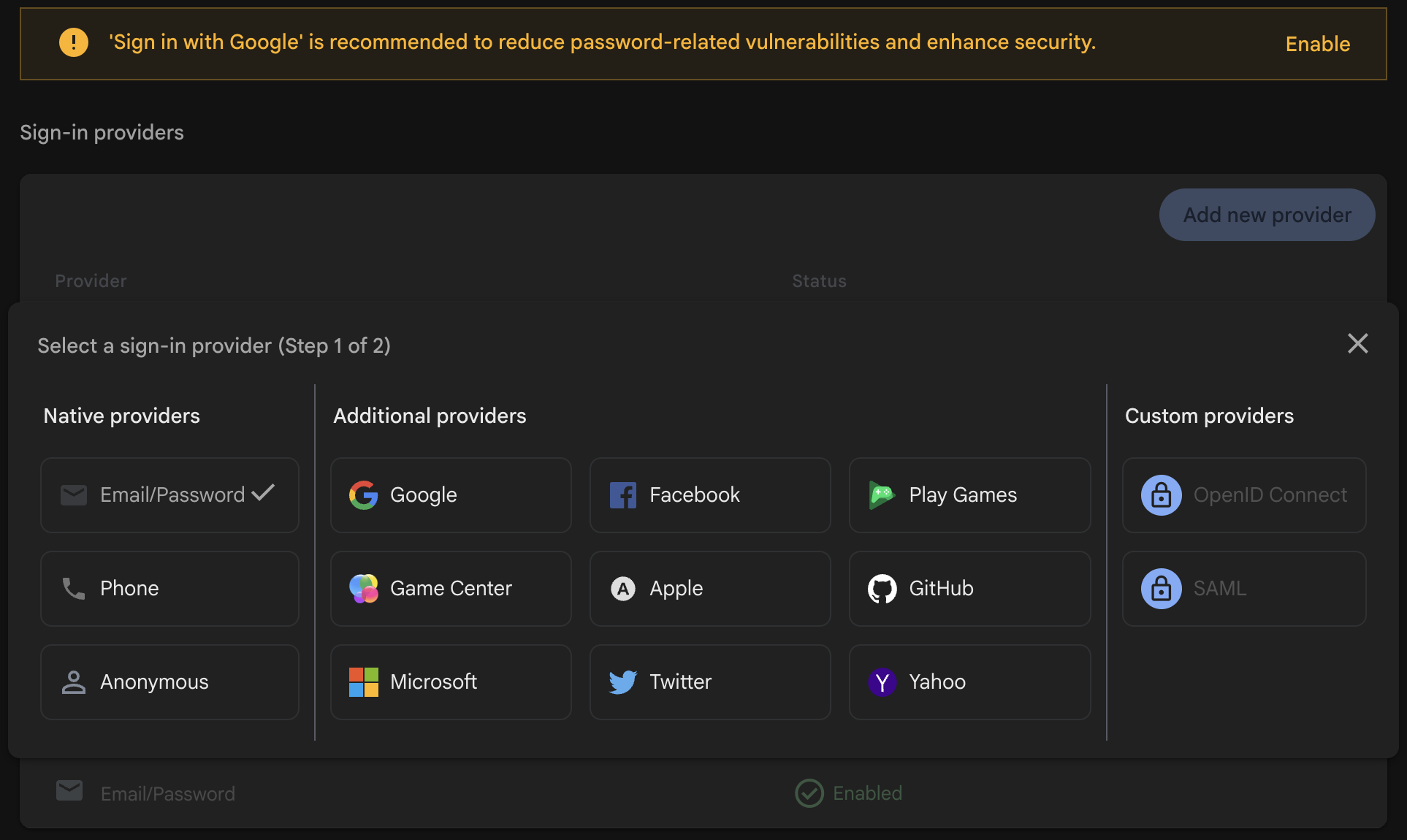 Sign-in providers list