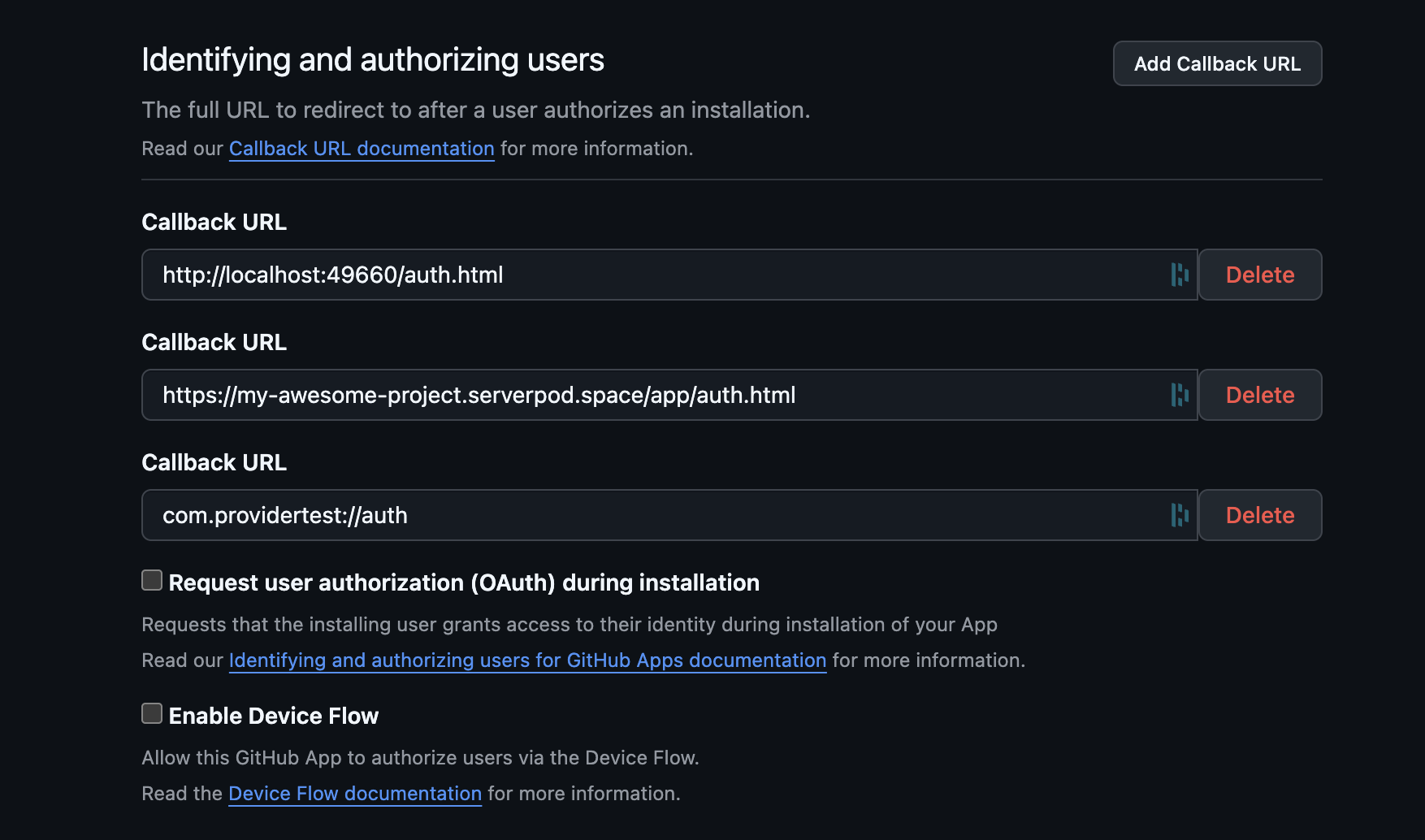 Callback URL field