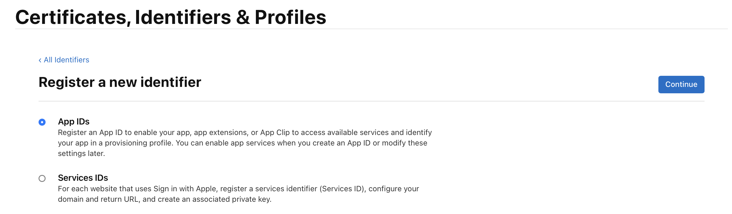 Register a new identifier — App IDs selected
