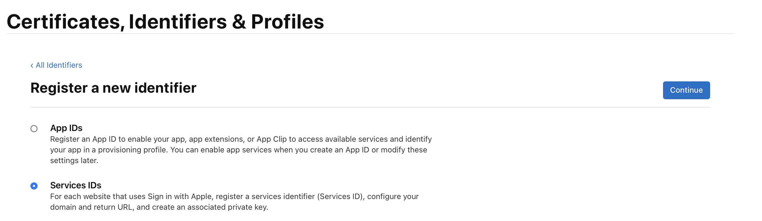 Register a new identifier — Services IDs selected