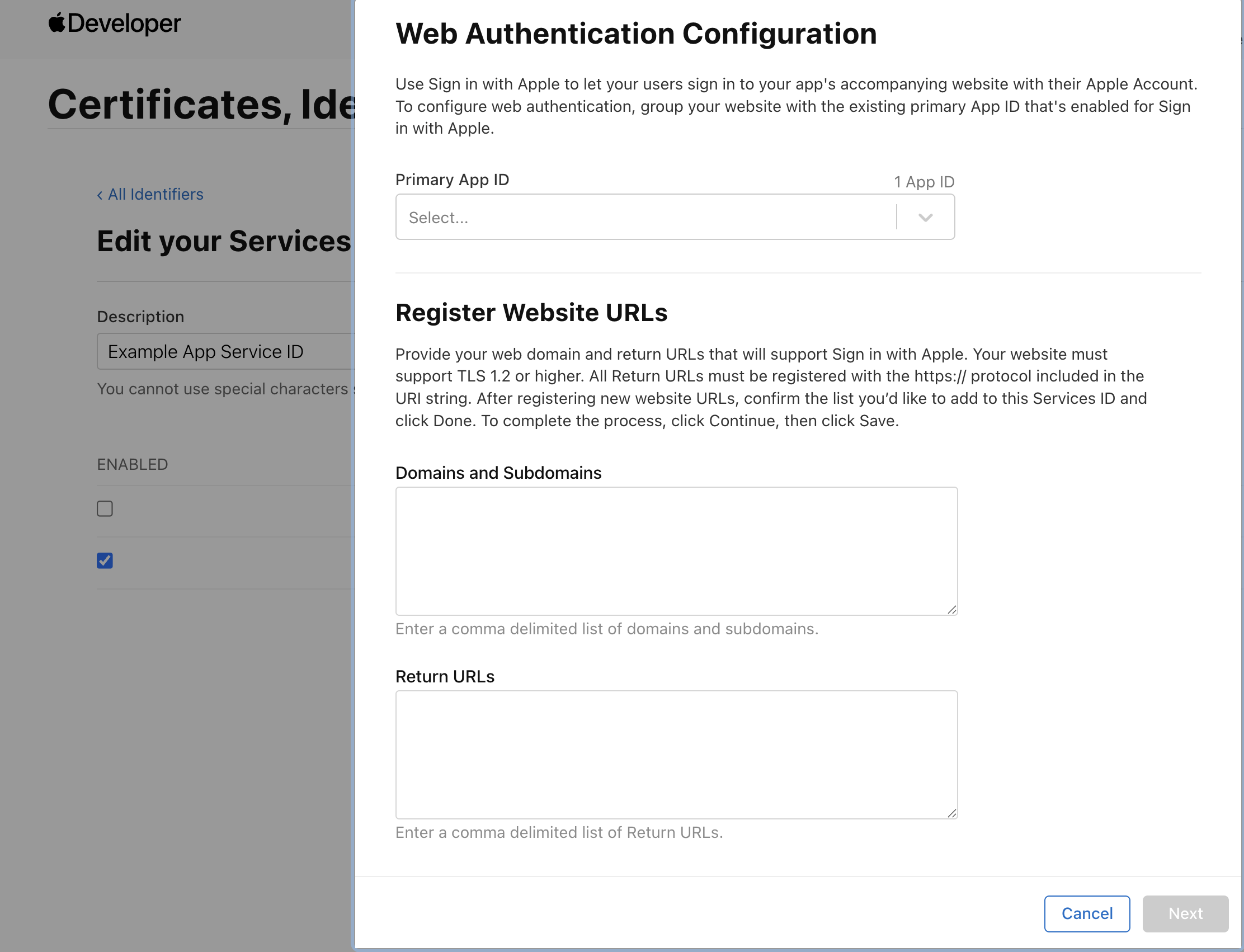 Web Authentication Configuration — Primary App ID, domains, and return URLs