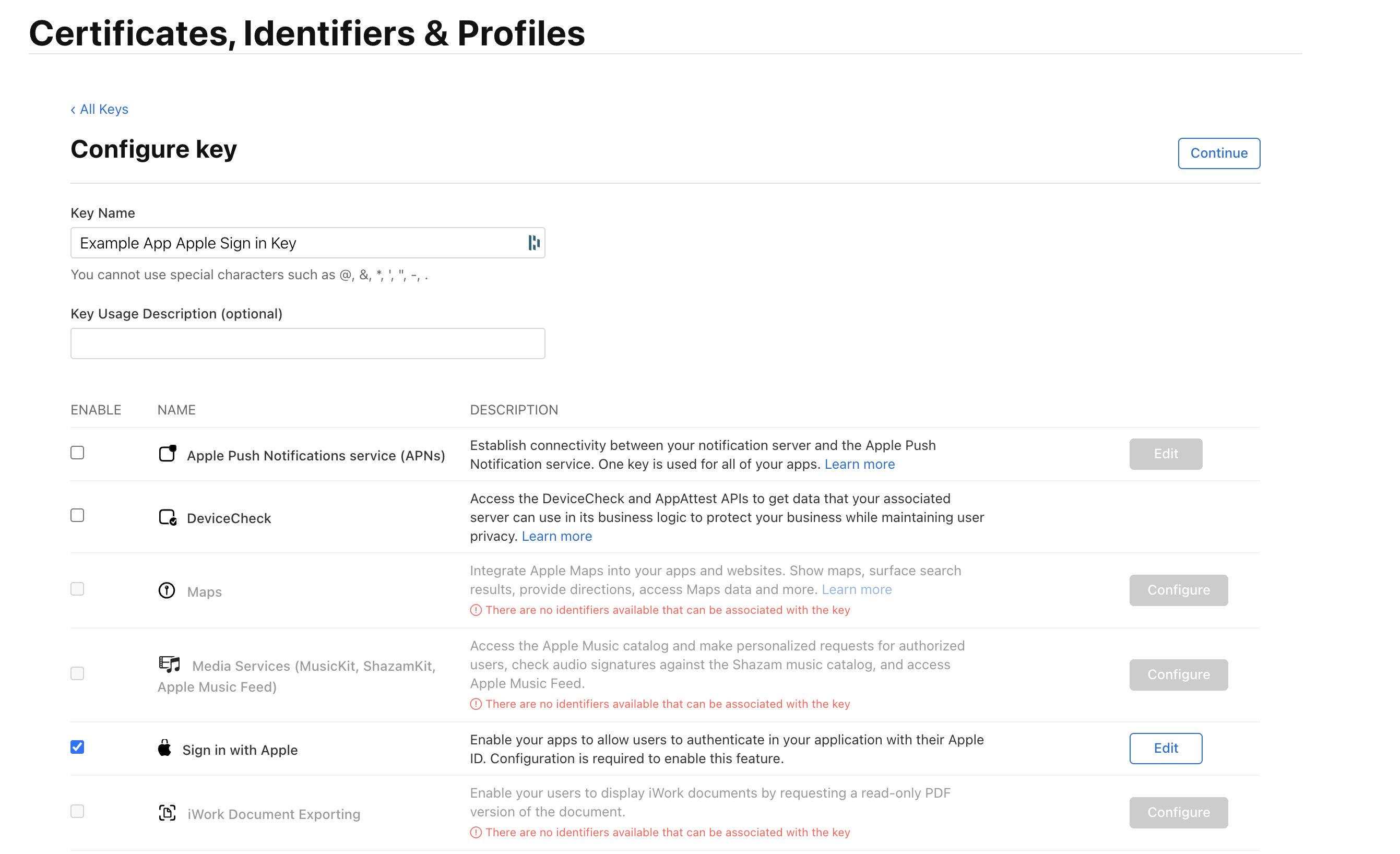 Configure key — Sign in with Apple checked, primary App ID selected