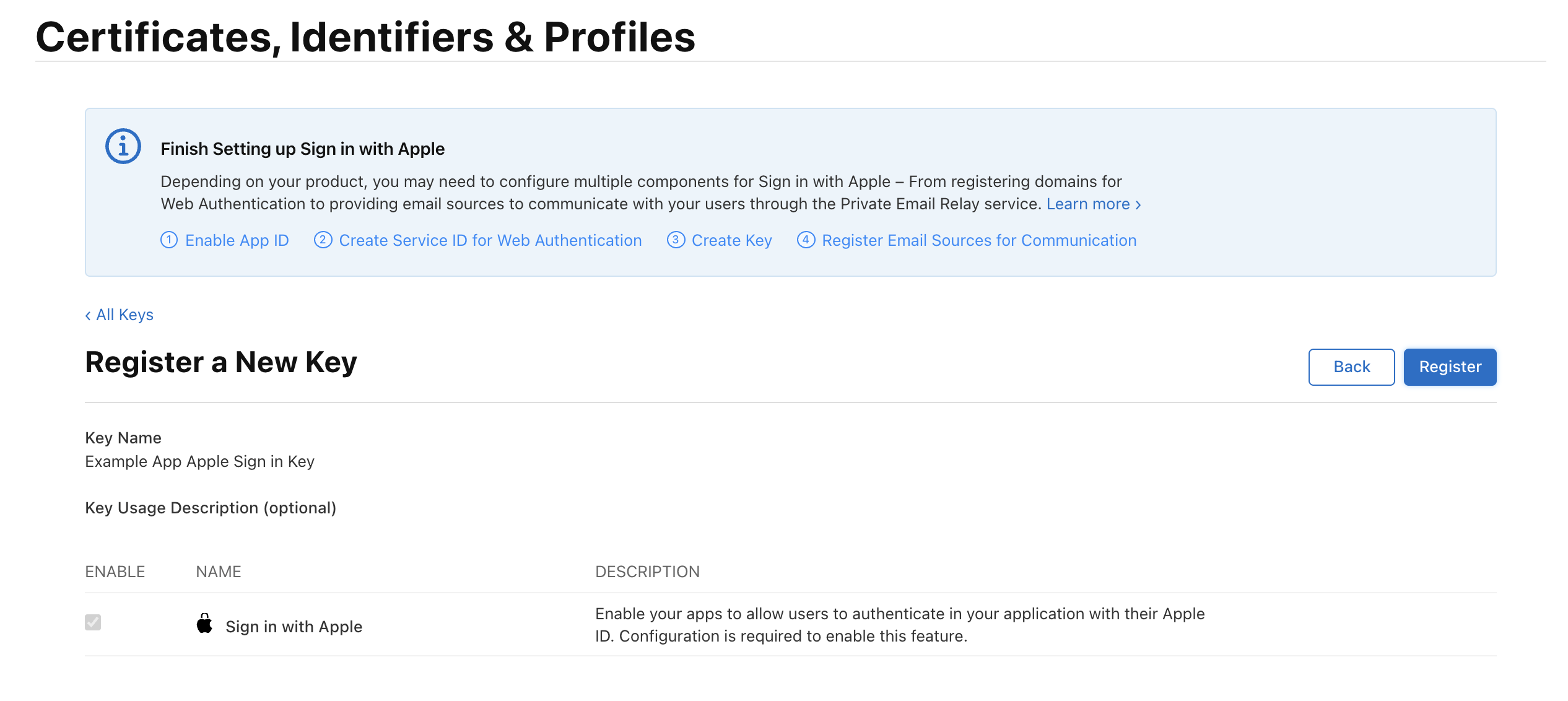 Register a New Key — review screen