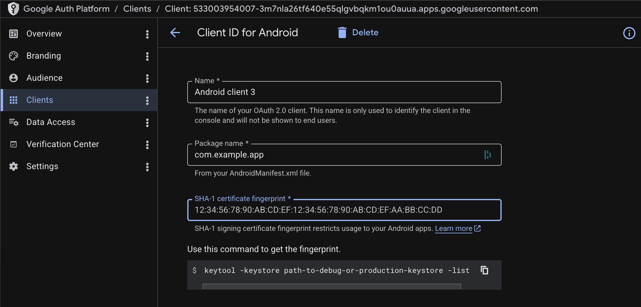 Create Android OAuth client